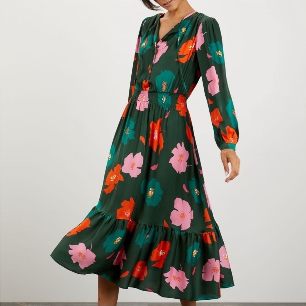 Tucker Juliette Dress in Charmeuse Evergreen Poppies Floral Silk Long Sleeves